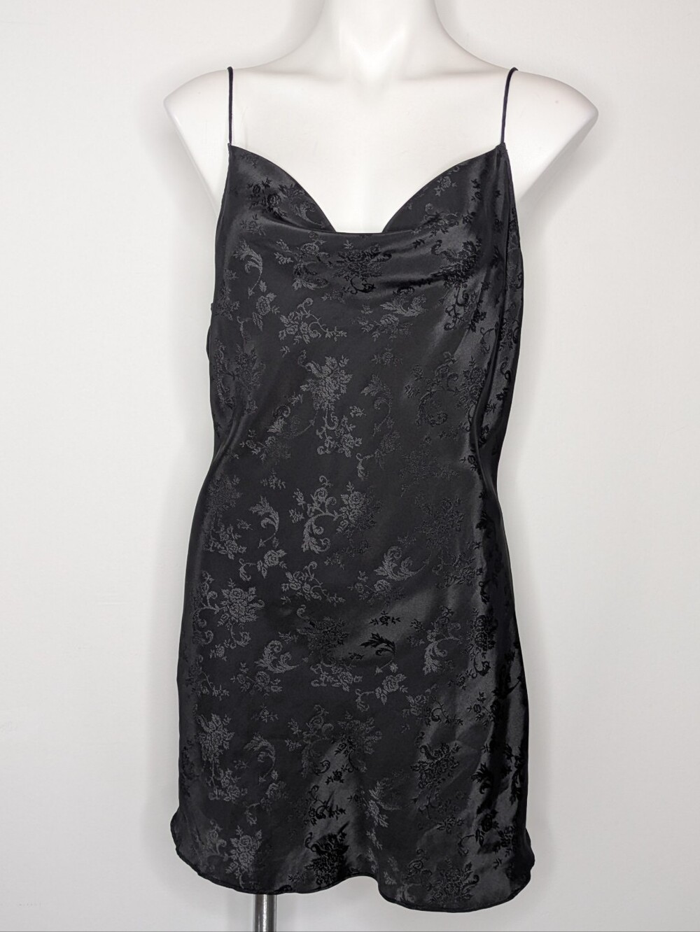 Vintage Shirley Black Jacquard Floral Satin Spaghetti Strap Cowl Neck Slip Dress